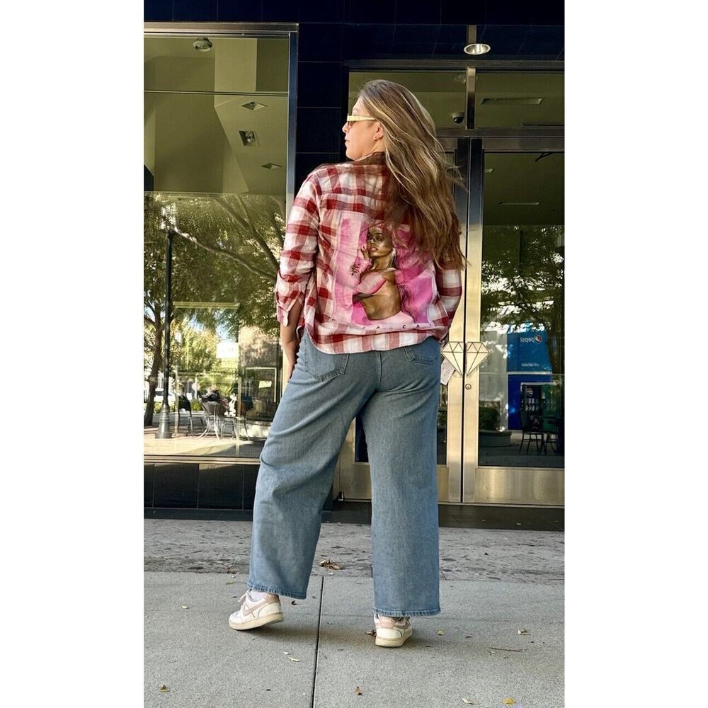 DOJA CAT Upcycled Plaid Flannel Retro Rap Hip Hop Plaid Flannel Pink Red Shirt L